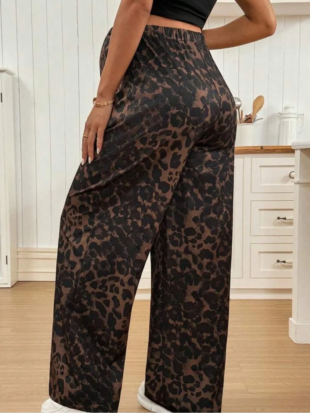 SHEIN Maternity Wide-Leg Leopard Cheetah Print Elastic Waistband Pants